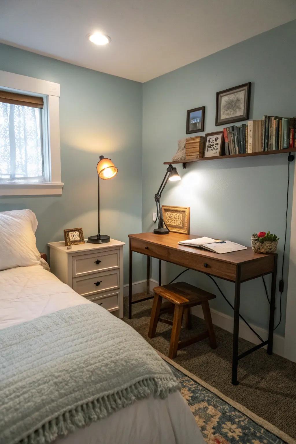 General and focused lighting creates a cozy atmosphere in a small bedroom.
