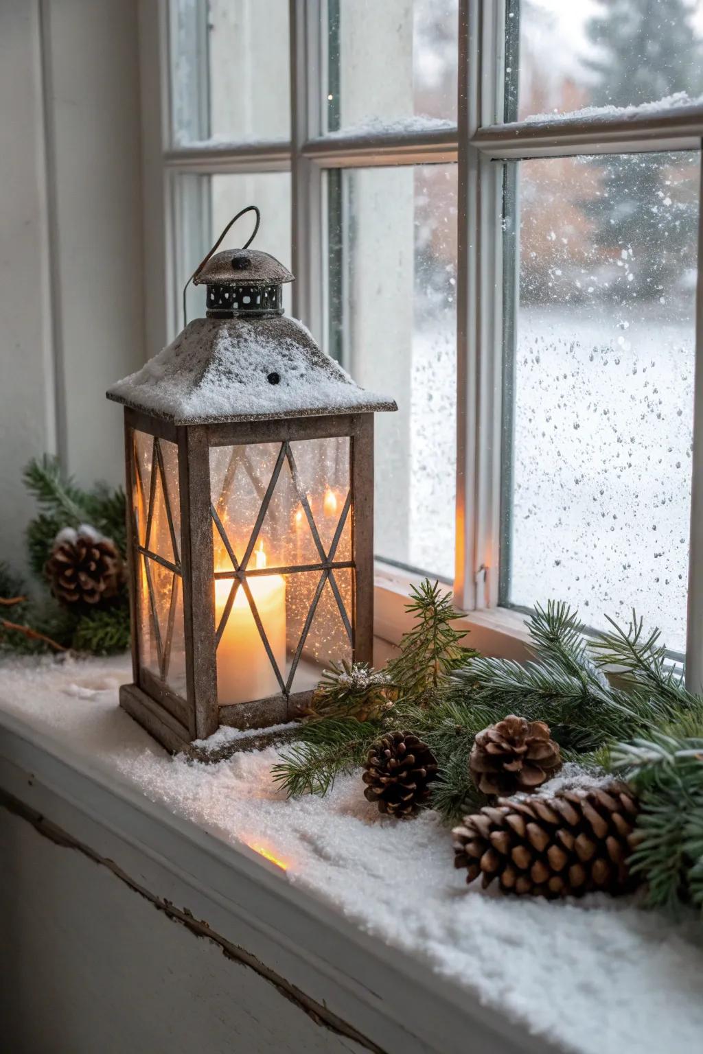 Enchanting winter wonderland lantern with seasonal foliage.