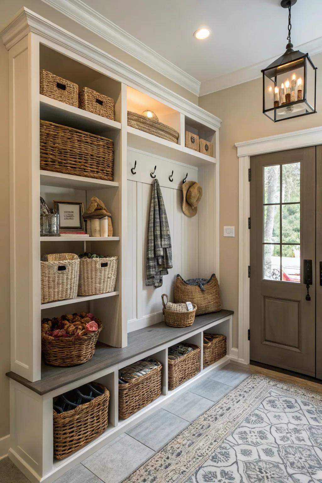Fashionable storage solutions help maintain an organized and clutter-free entryway.