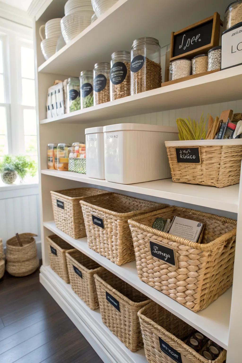 Baskets bring order and style to kitchen pantries.