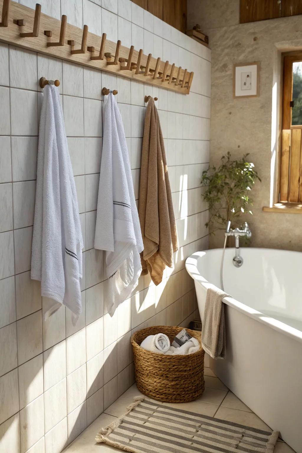 Timber pegs contribute a natural, warm feel to towel hanging.