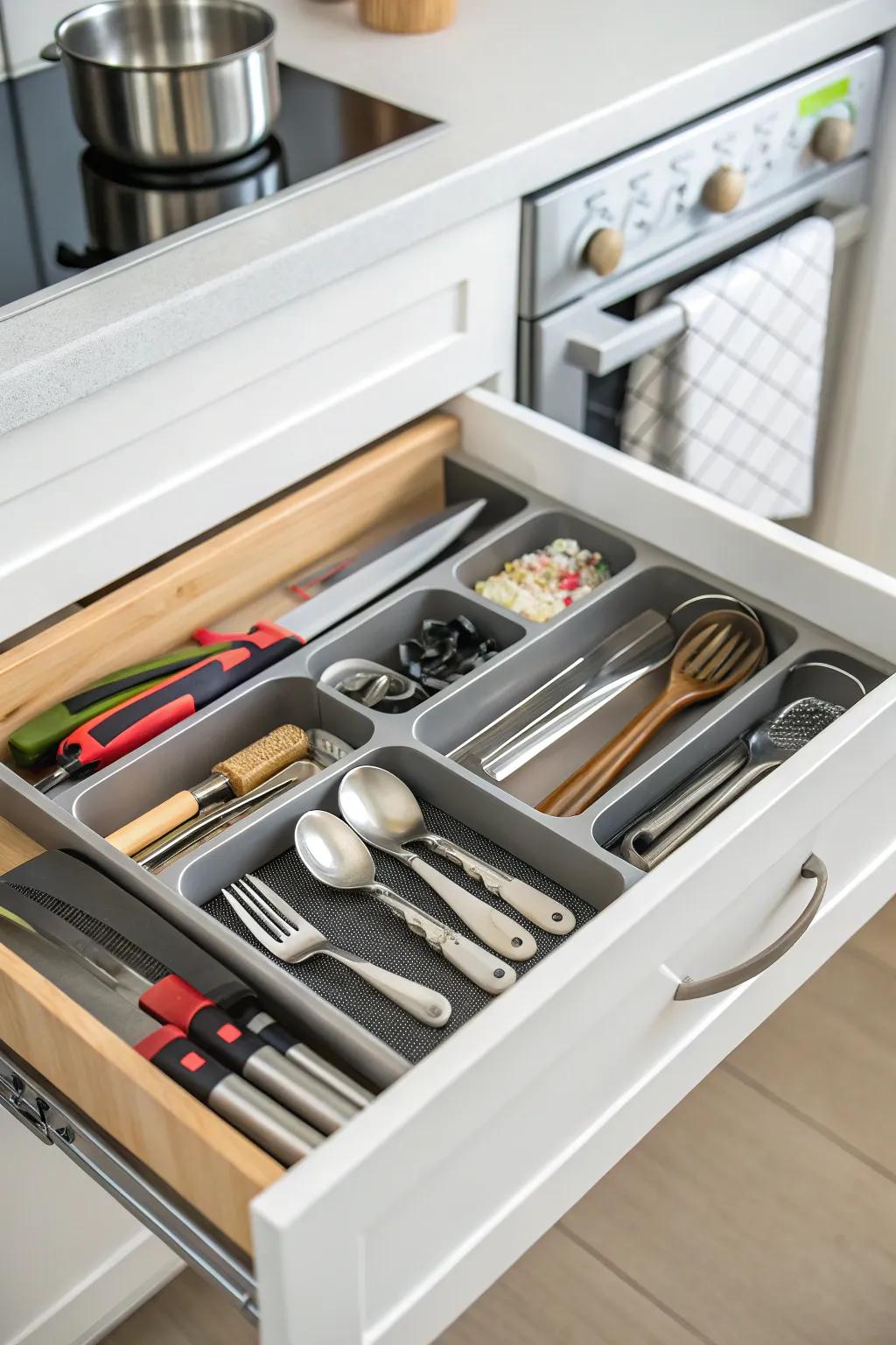 An orderly kitchen is acheived with drawer organizers.