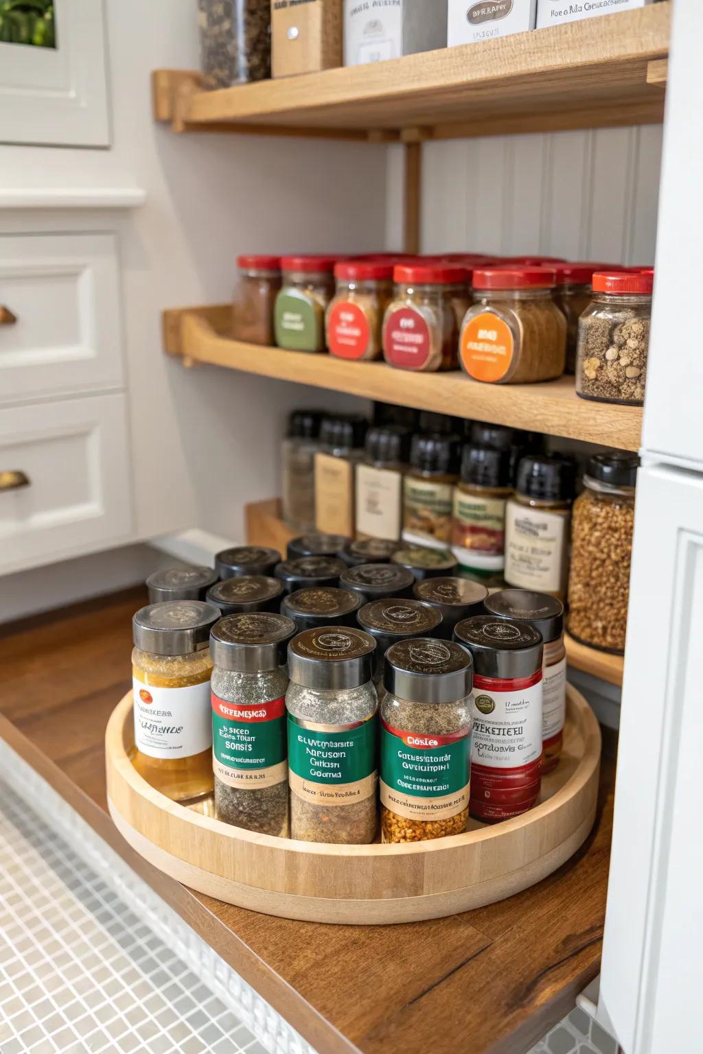 A rotating platform renders accessing spices in pantry corners painless.