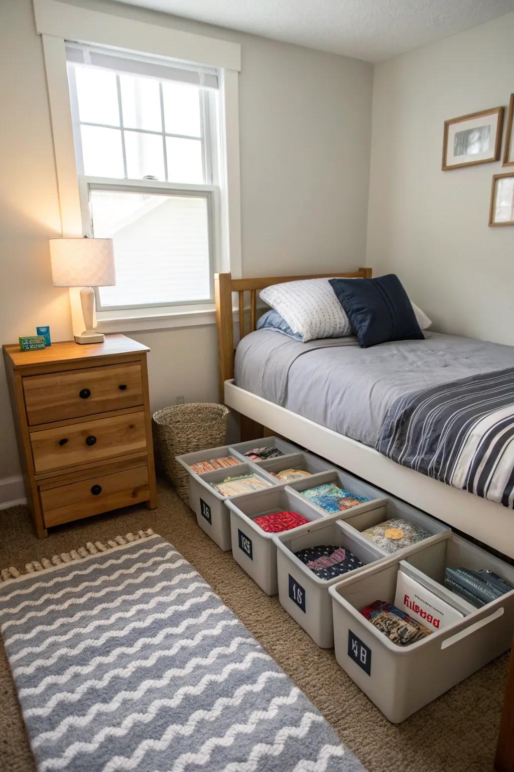 Under-bed storage keeps the bedroom free of clutter.