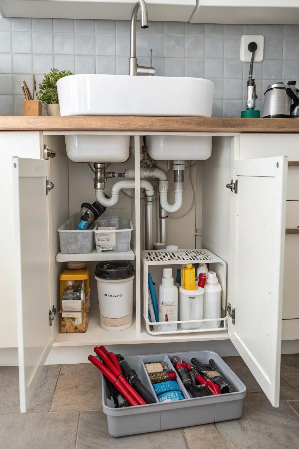Under-sink cabinet with organizers designed to fit around plumbing, maximizing storage.