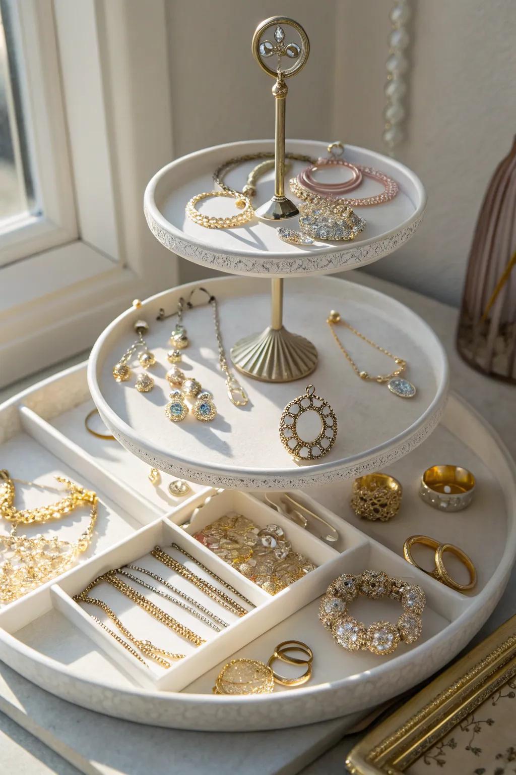 Multi-tiered plates present chic jewelry storage methods.