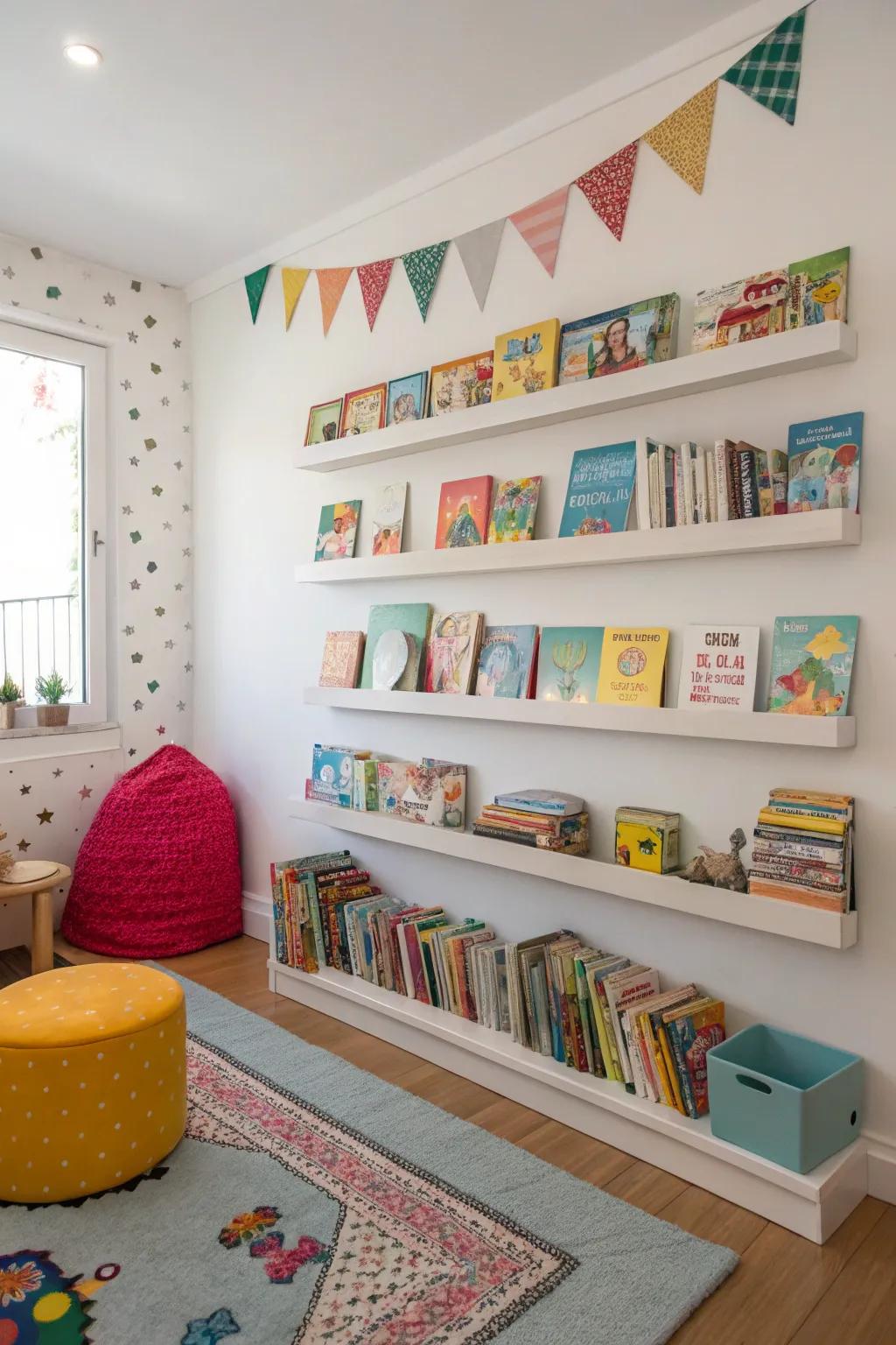 Wall-mounted shelves free up floor space and promote reading.