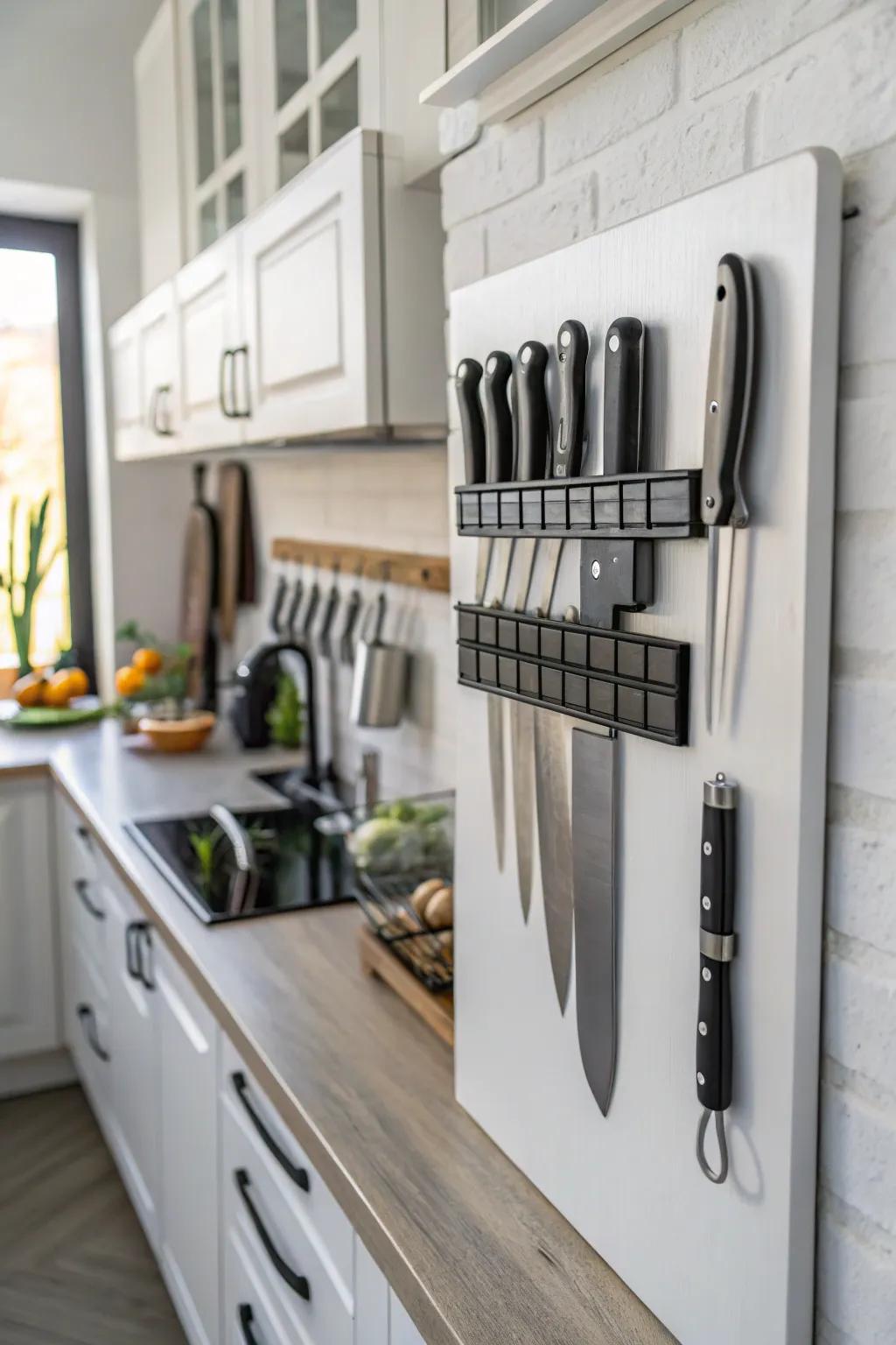 Magnetic strips for a stylish and functional utensil display.