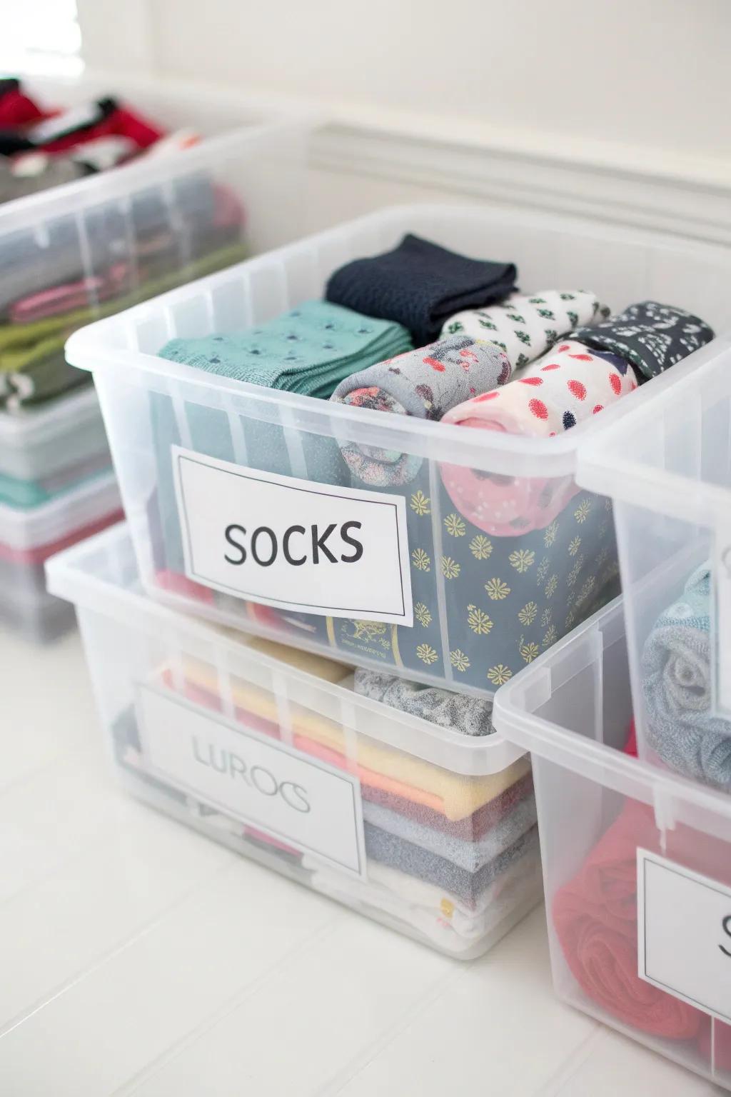 See-through bins simplify storing out-of-season socks.