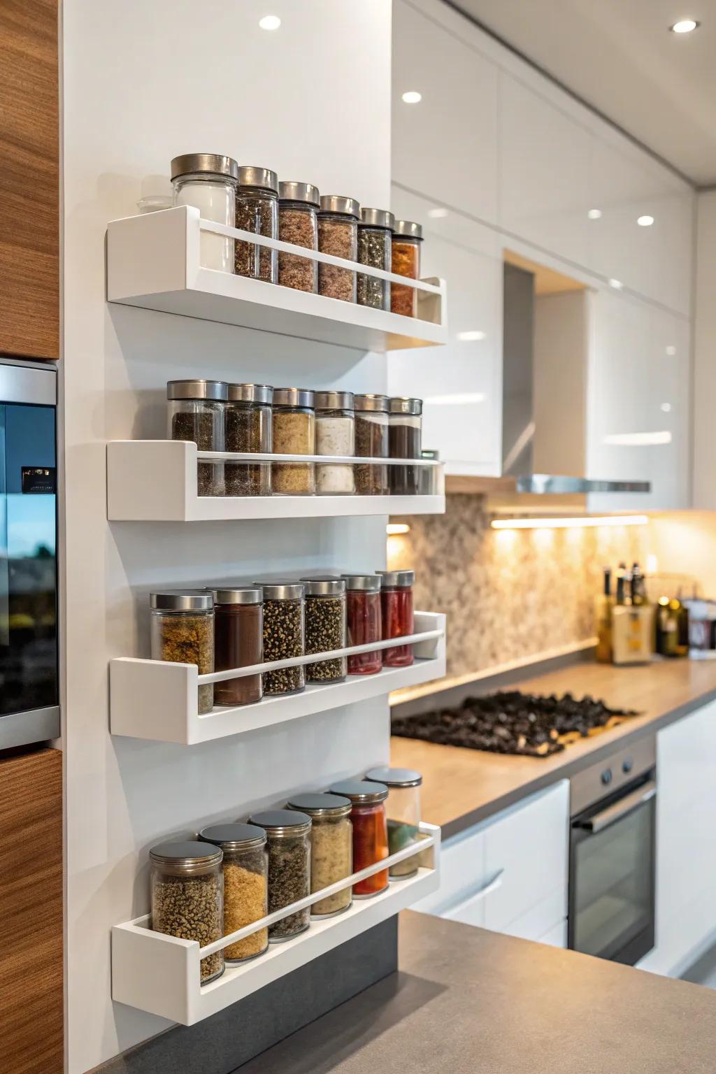 Wall-mounted ledges provide a sleek, modern way to display spices.