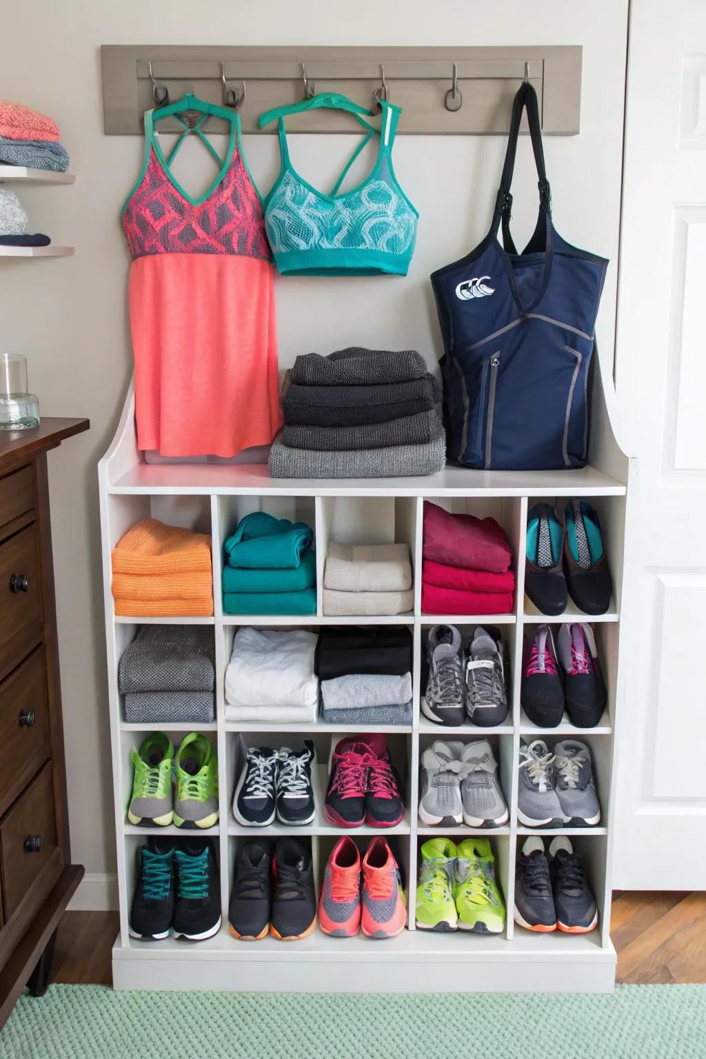 A repurposed footwear organizer utilized for storing workout gear.