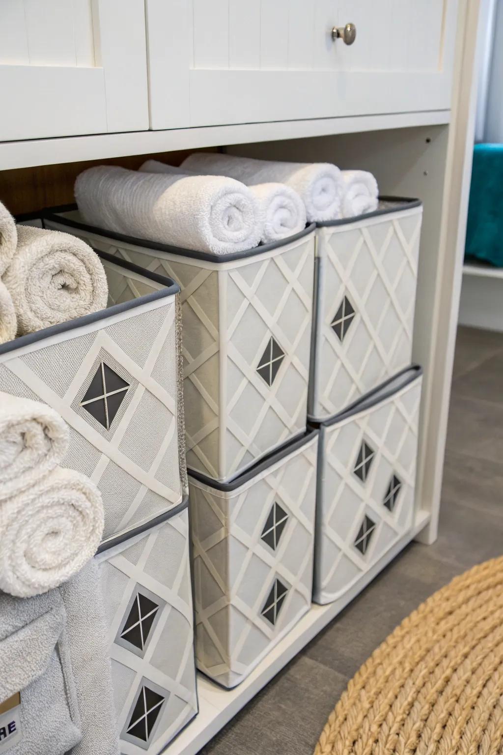 Cube storage maintains neatness and style for your towels.
