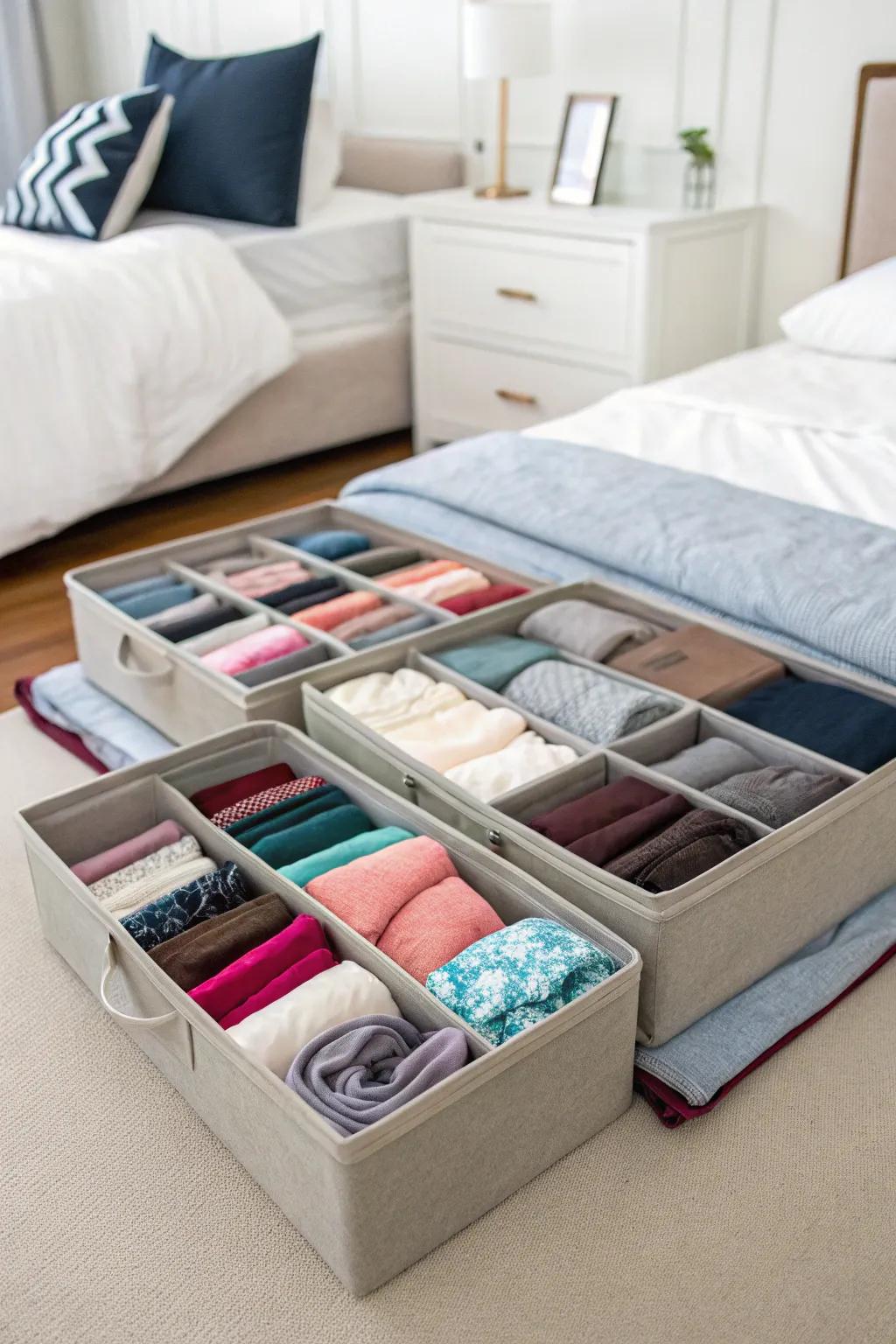 Utilize under-bed storage to keep leggings accessible but discreet.