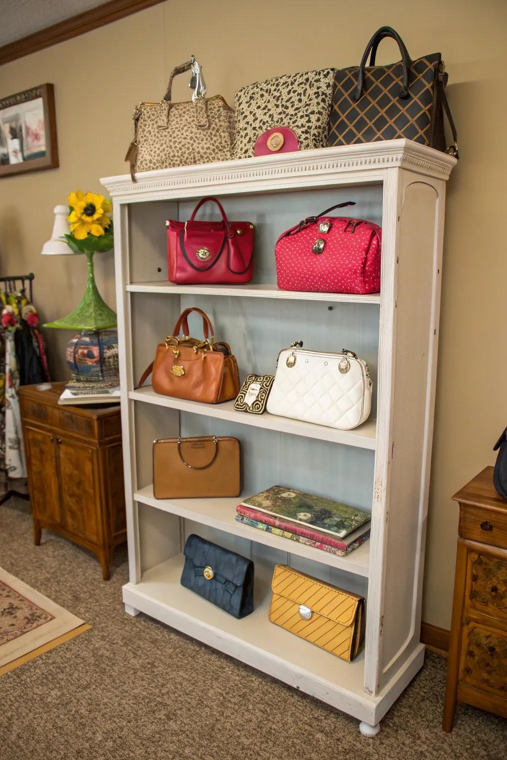 A bookshelf repurposed into a fashionable handbag display.