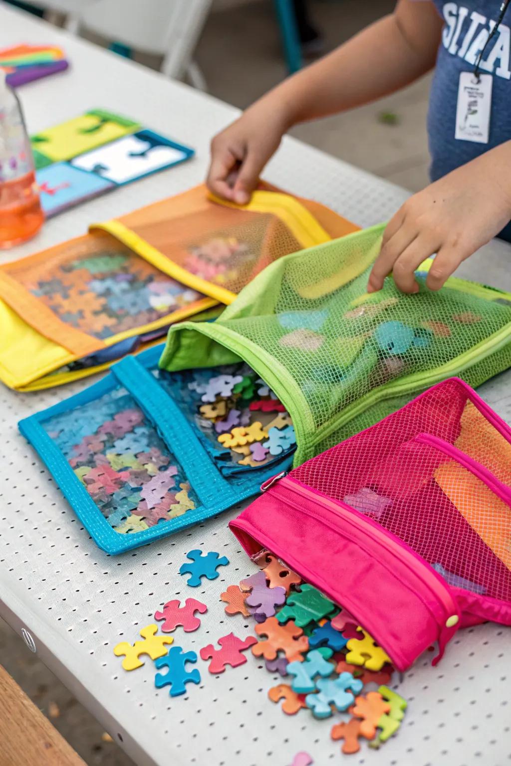Mesh pouches efficiently organizing puzzle pieces.