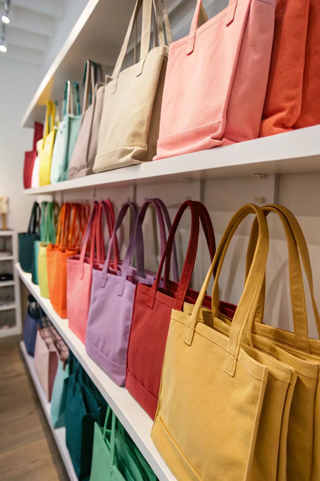 Grouping tote bags by color adds a touch of harmony to your storage.