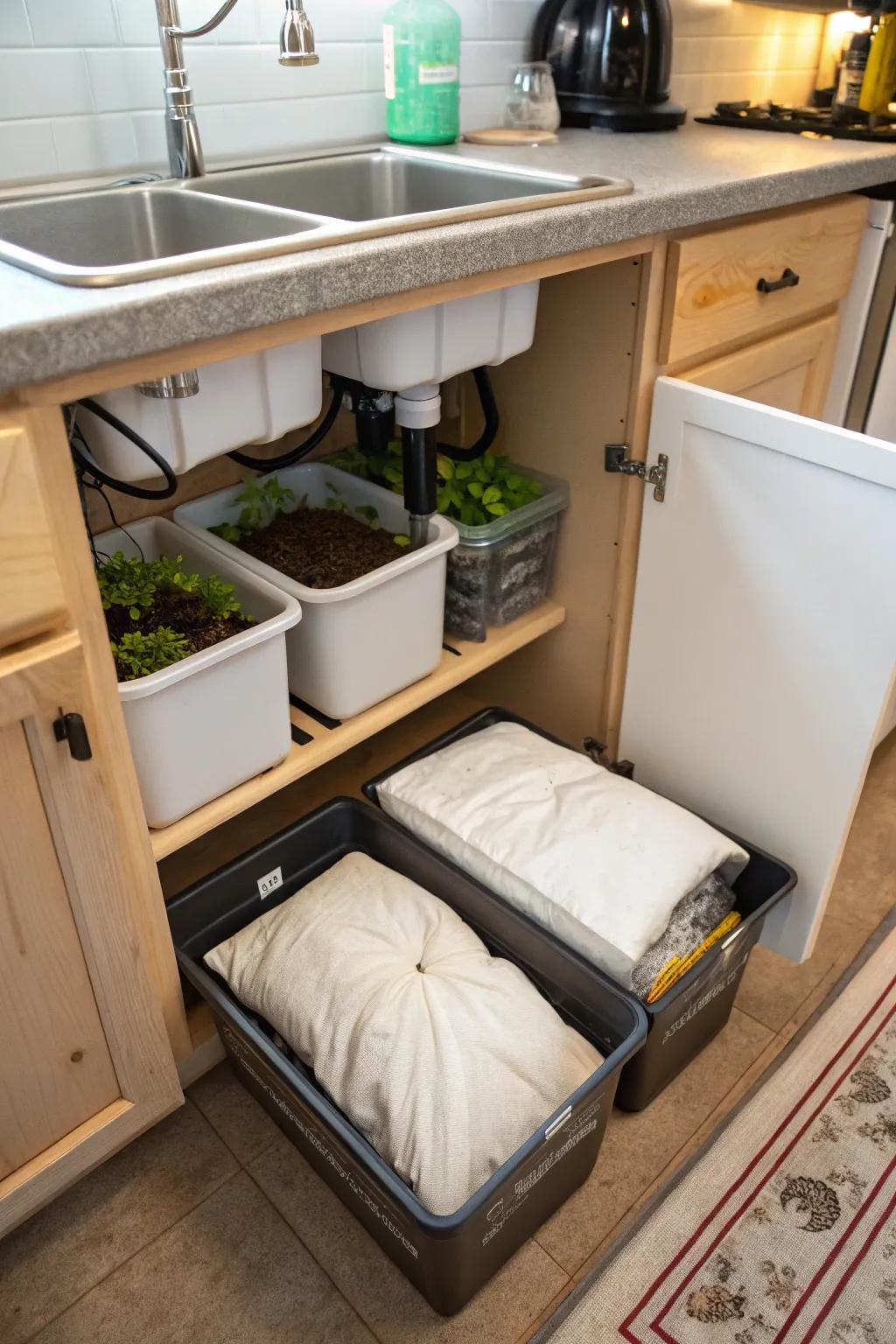 A neatly arranged indoor worm composting device beneath the kitchen sink, ideal for compact spaces.
