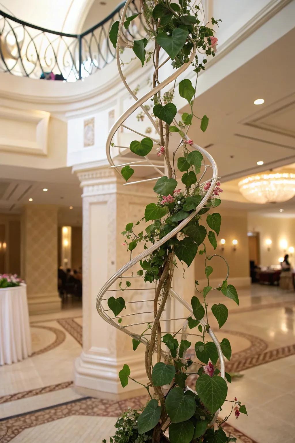 An elegant interior showcasing a Waxplant on an imaginative coiled structure.