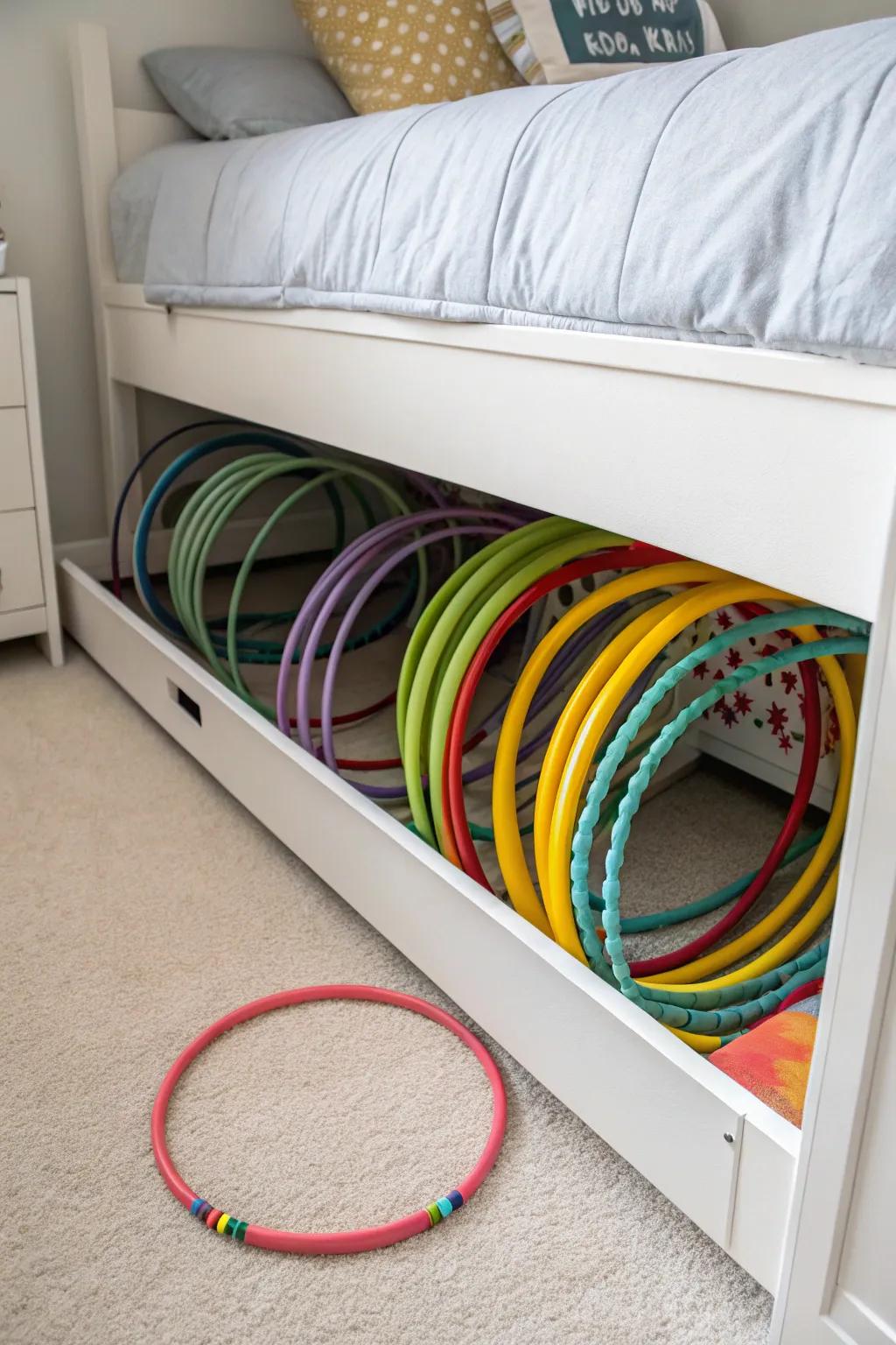 Creative circles smartly stored under a bed, getting the most out of spot and keeping them hidden.