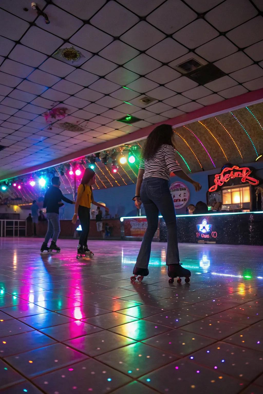 An energetic wheel disco arrangement with skaters relishing the amusement.