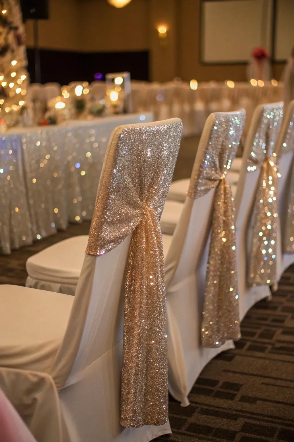 Glamorous sparkle with sequin chair wraps.