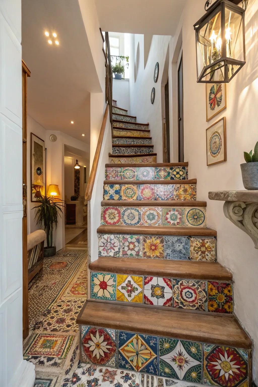 Make a statement with eclectic small tile stairs.