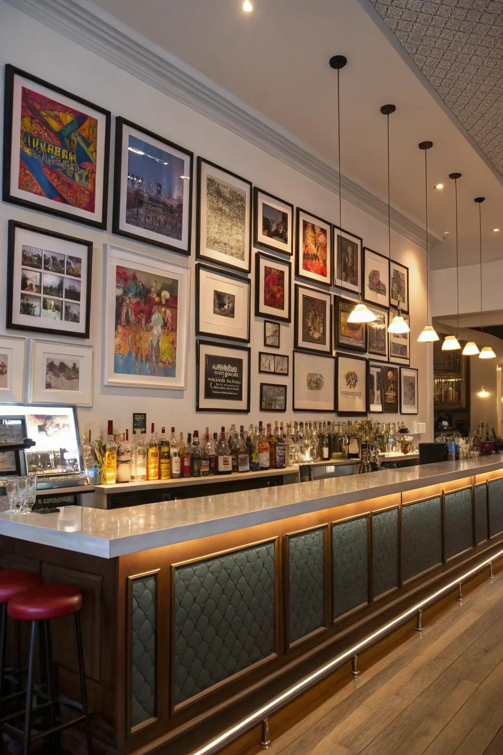 An art gallery wall adds a personal, creative highlight.