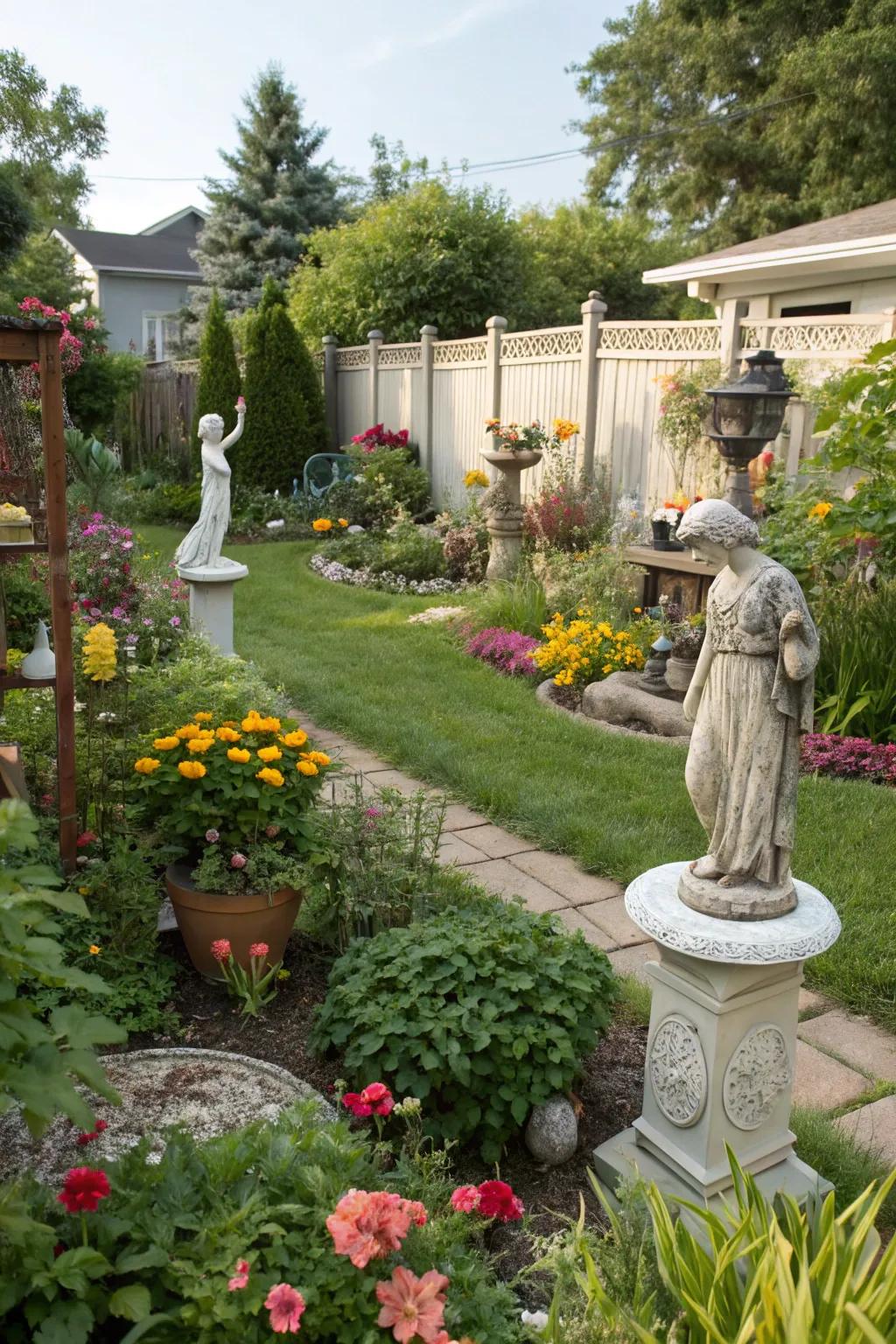 Garden art like statues adds character to your space.