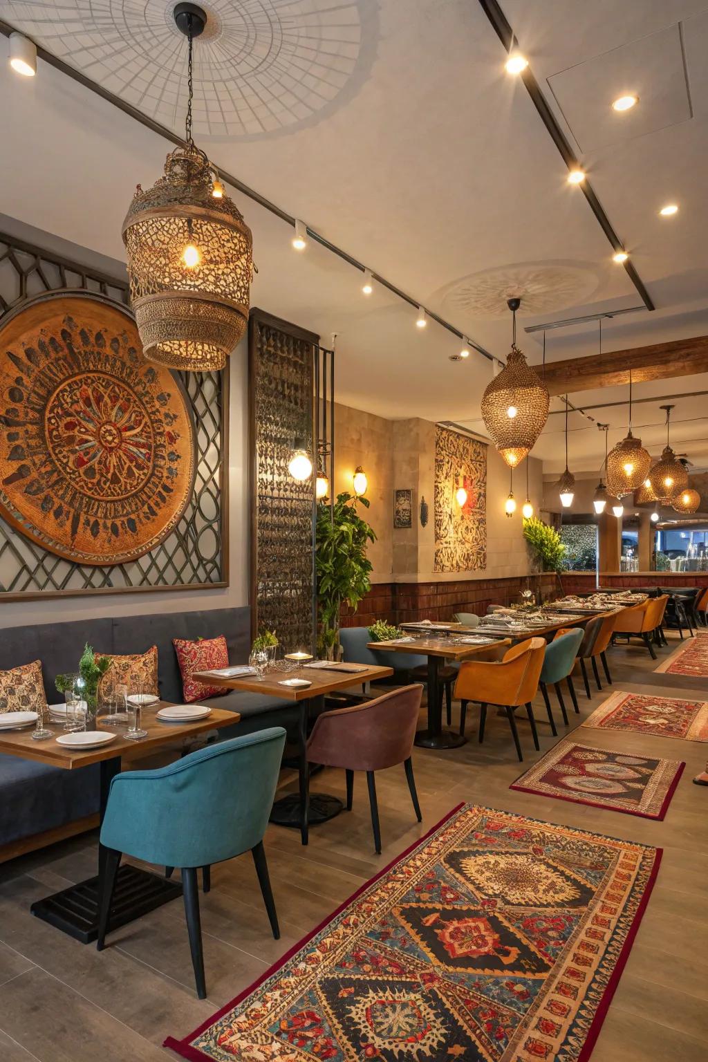 A blend of modern and traditional design elements in an Indian restaurant.