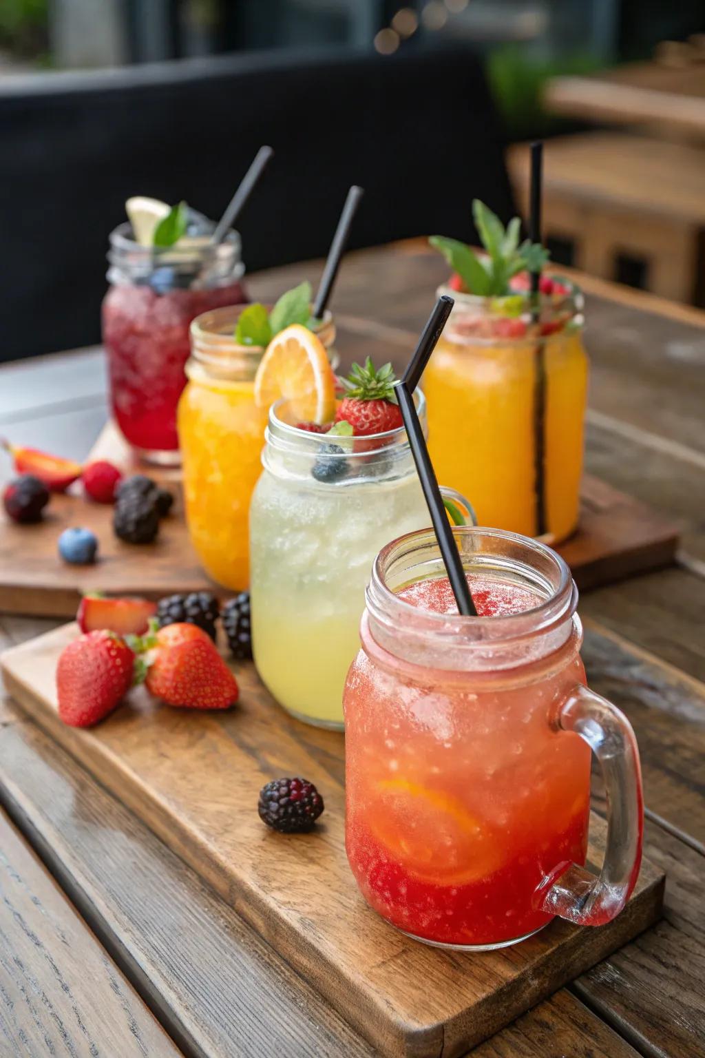 Handcrafted refreshment jars add a vibrant touch to any indoor BBQ gathering.