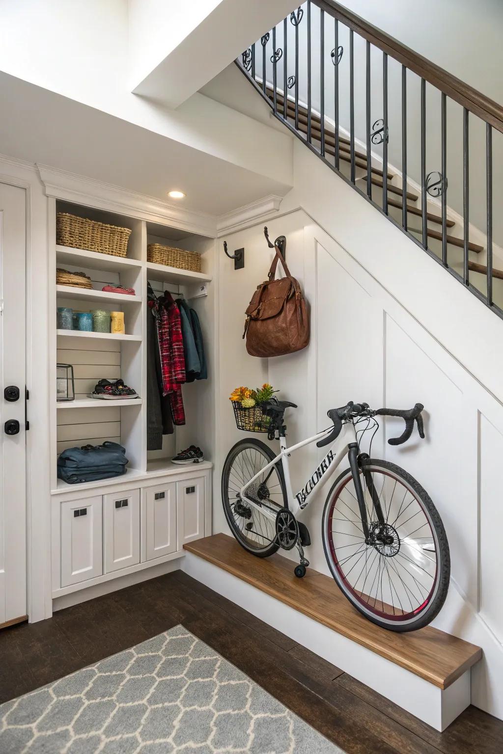 An under-stairs nook cleverly uses space for bike storage.