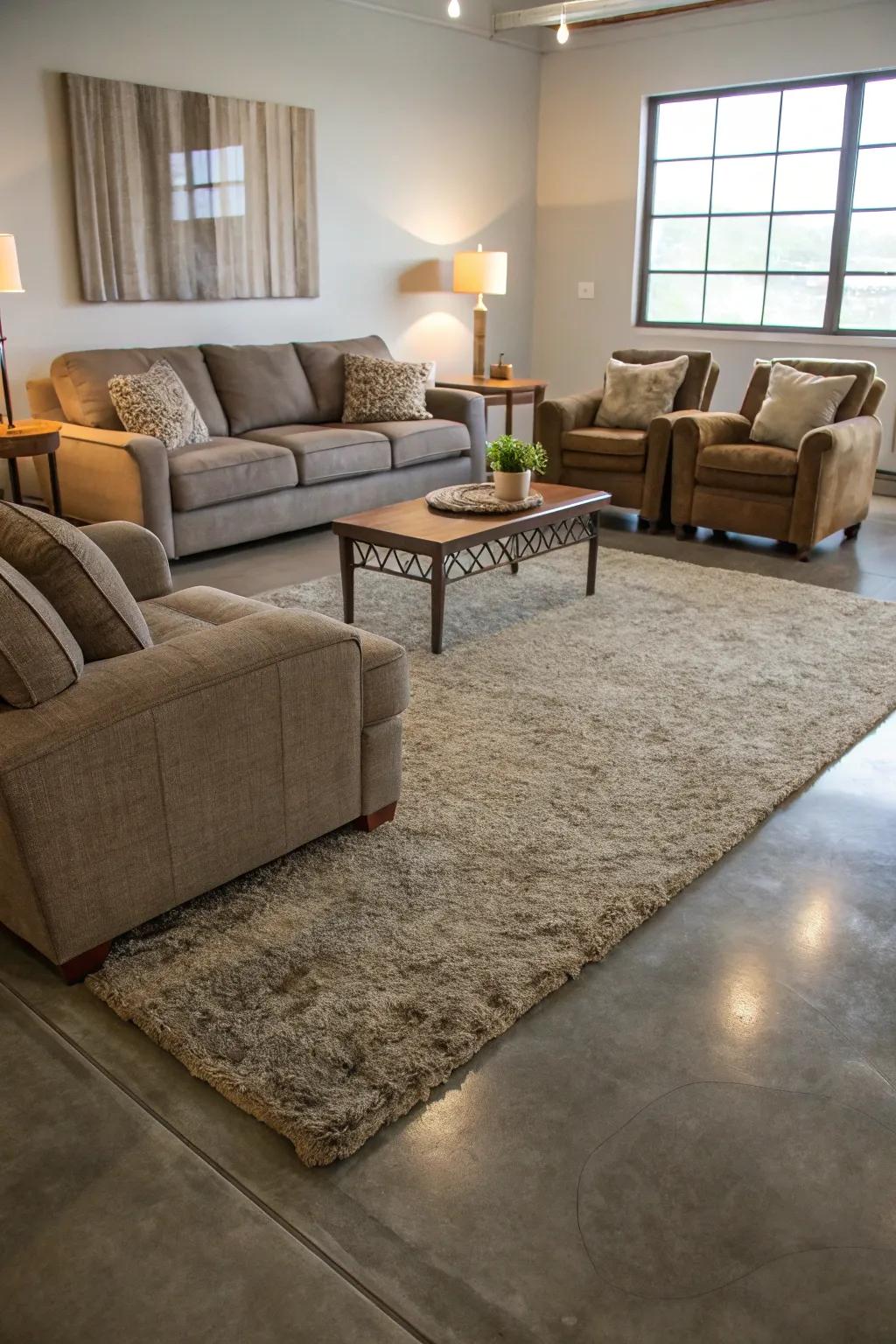 Plush rugs bring warmth to concrete floors.