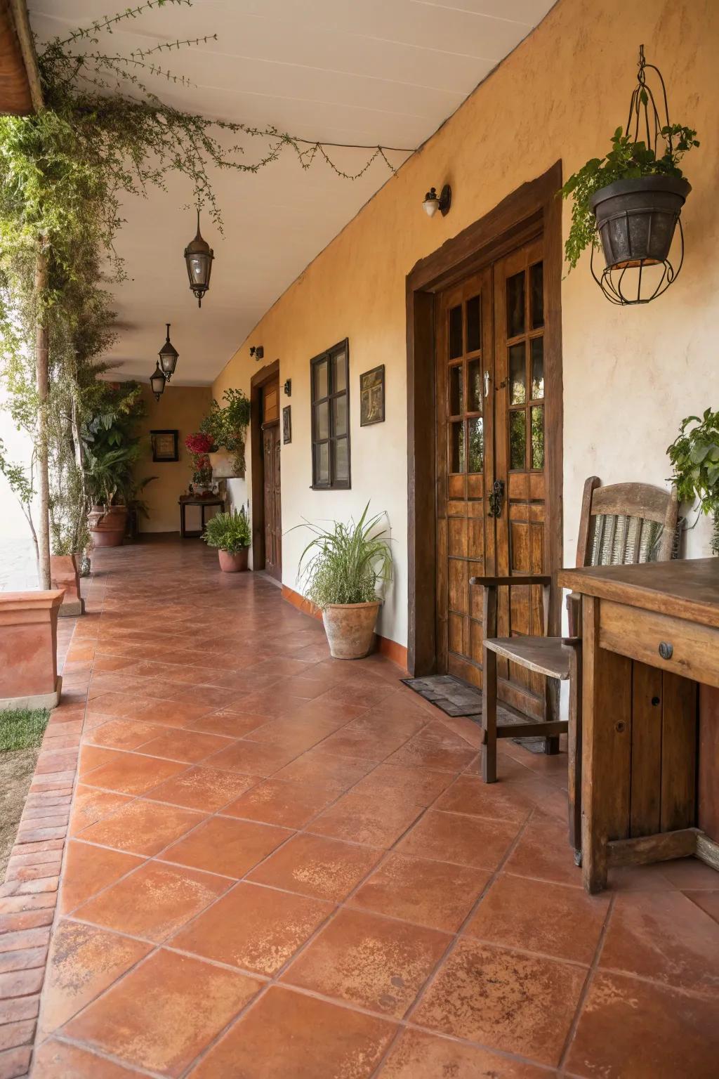 Warm terracotta tones on a concrete floor add a welcoming touch to this rustic entryway.