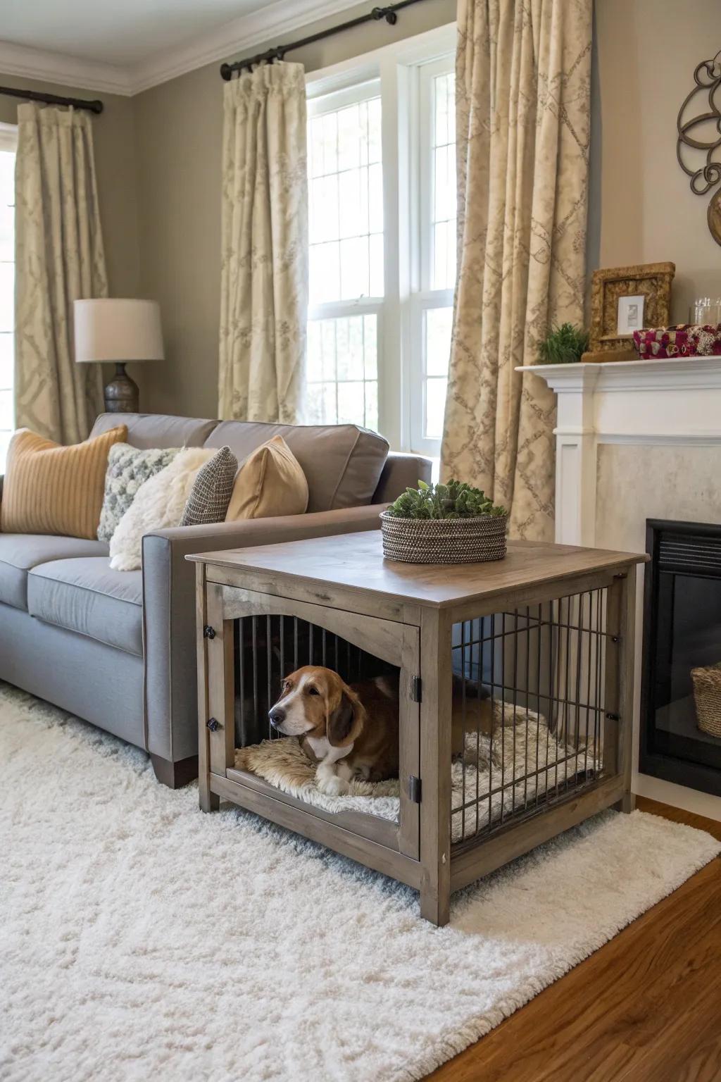 Maximize area with a functional and stylish sofa table dog house.