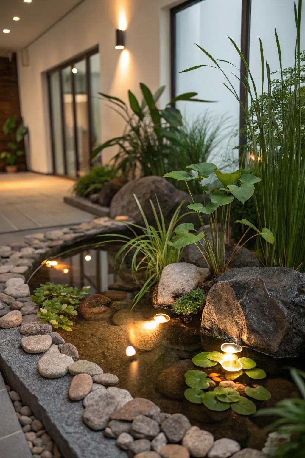 Mood setting illumination gives a wondrous touch to interior ponds.