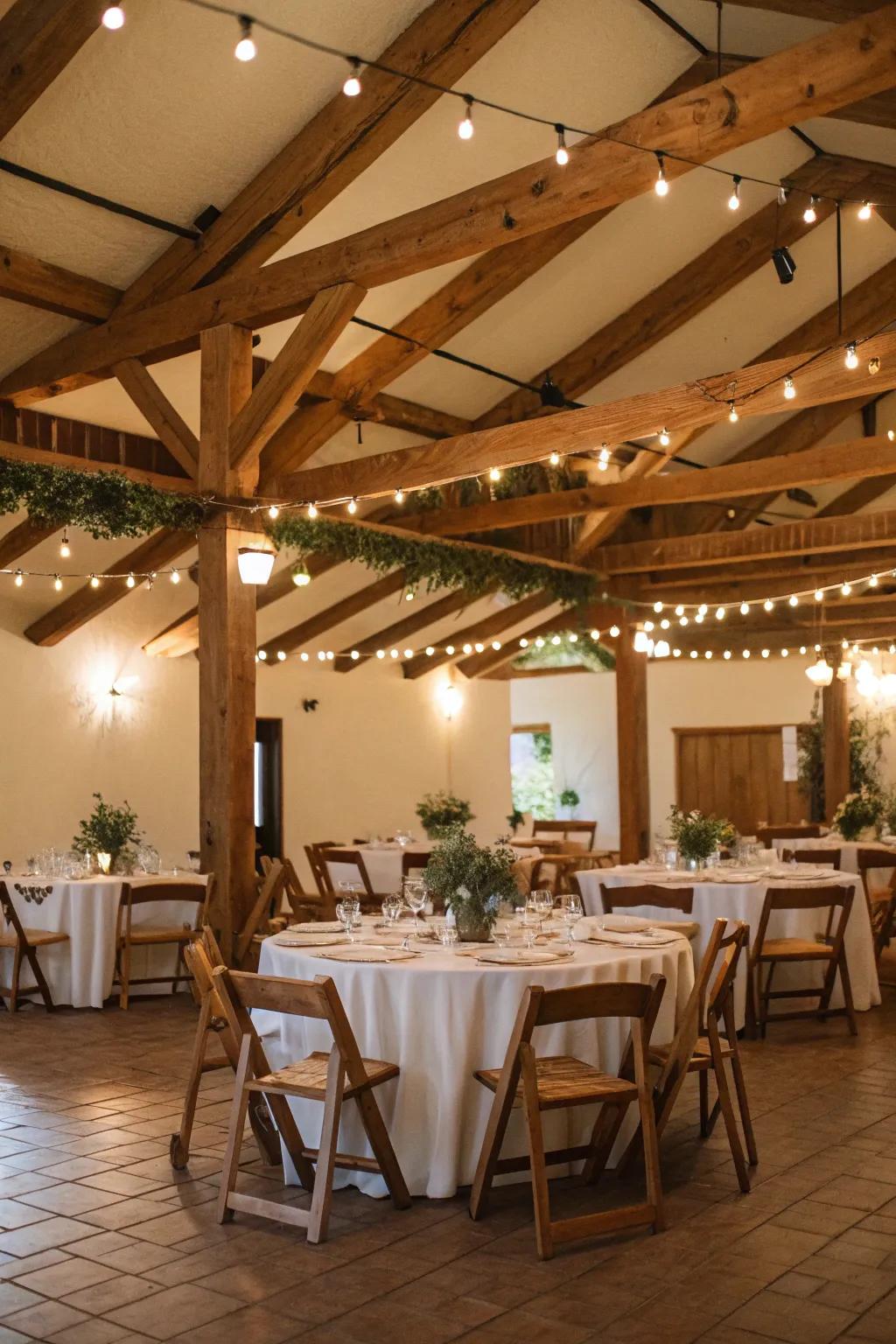 Weathered timber planks infuse charm into the venue.