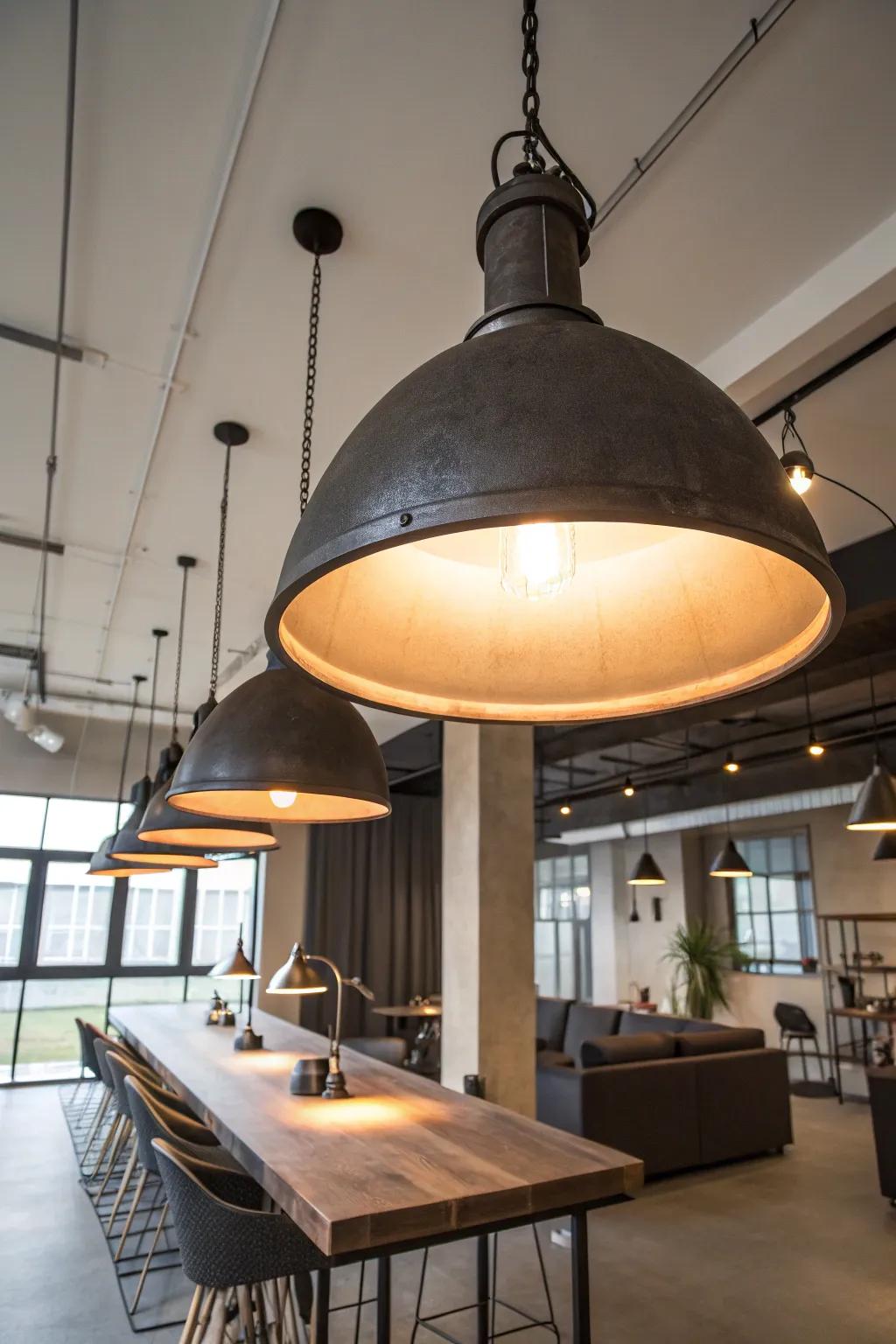 Statement lighting brings drama to this industrial space.
