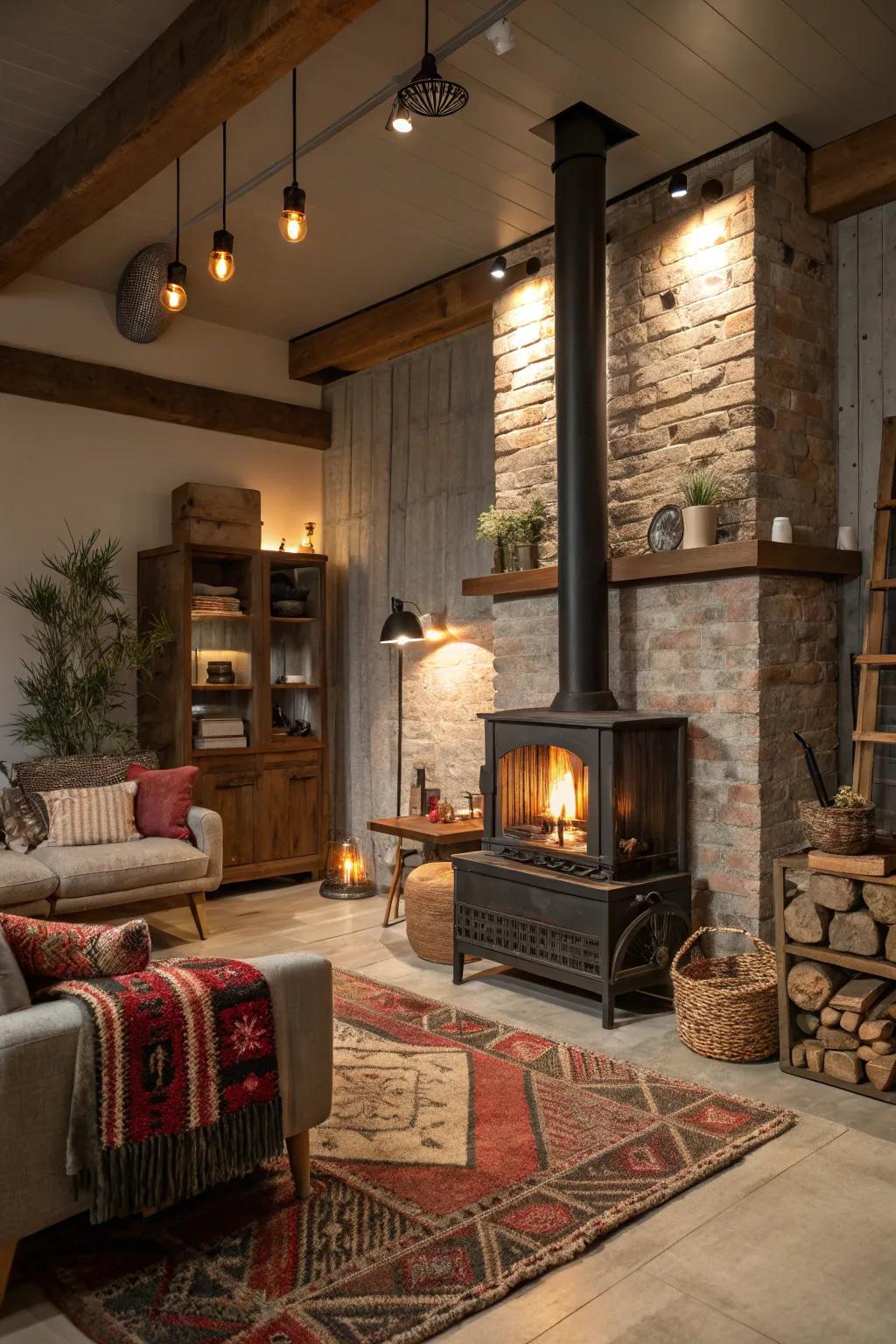 A cozy fireplace serves as the heart of the home.