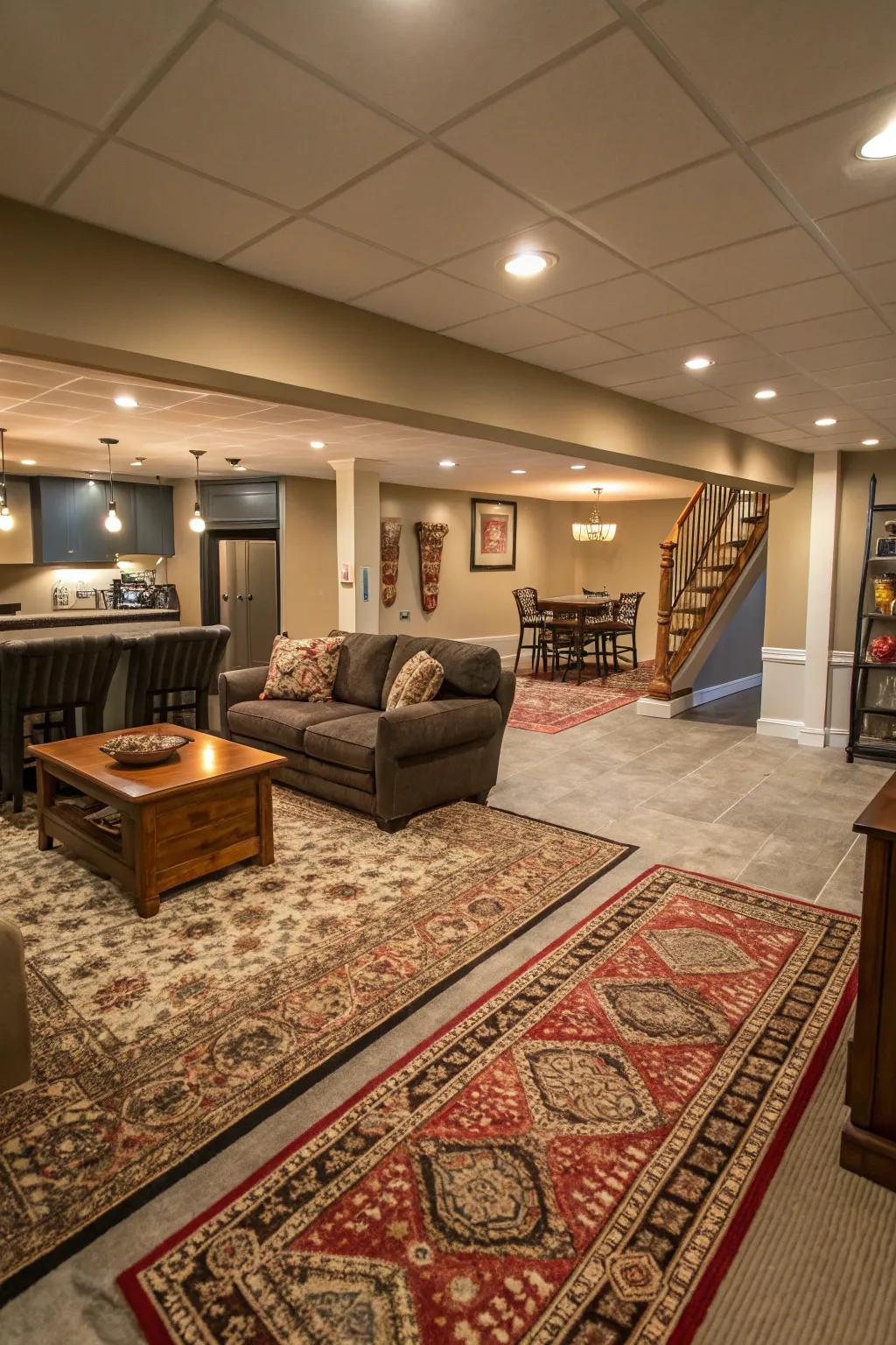 Floor coverings contribute texture and define spaces.