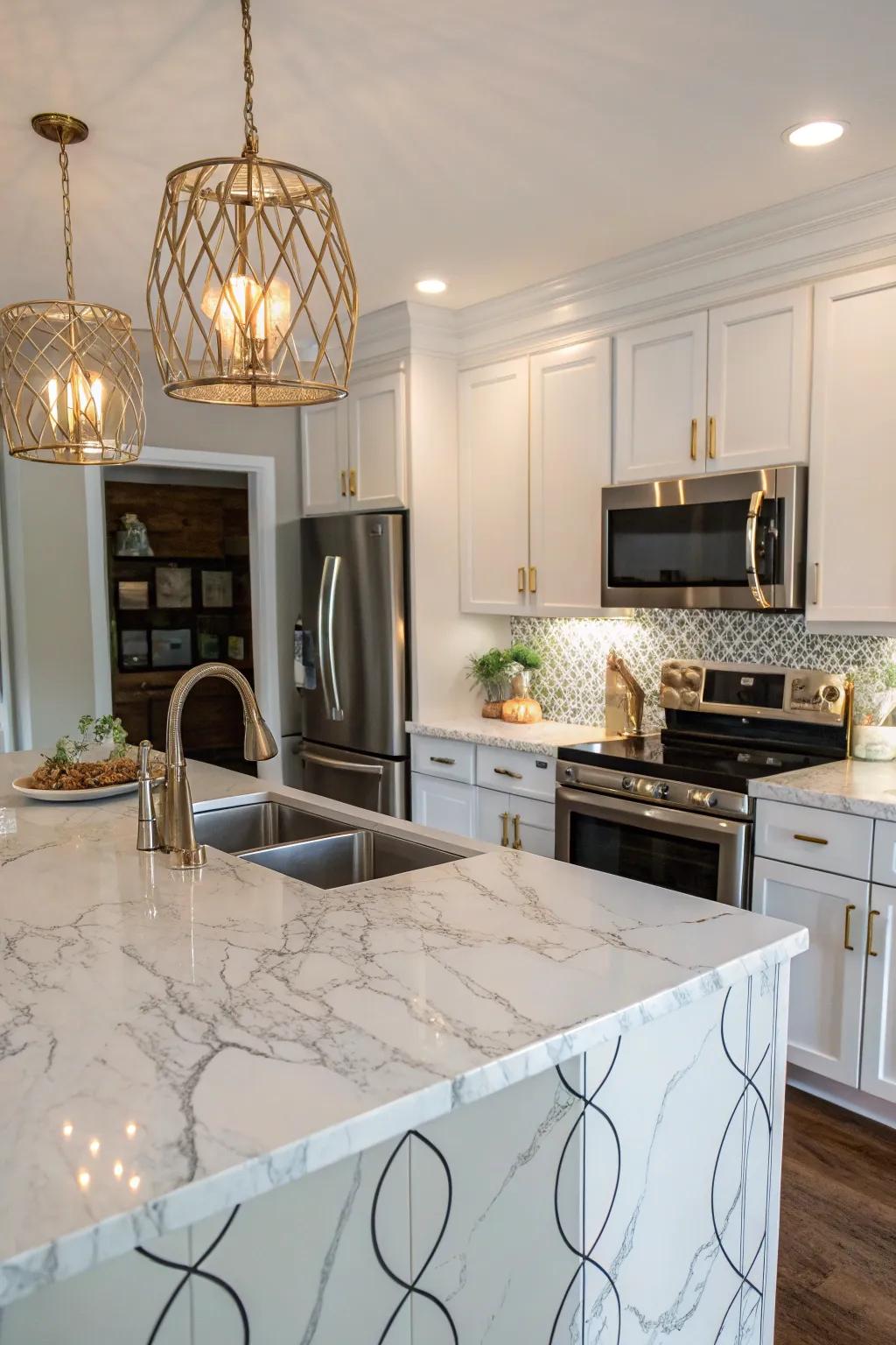 Contact paper can create the illusion of marble countertops at a fraction of the cost.