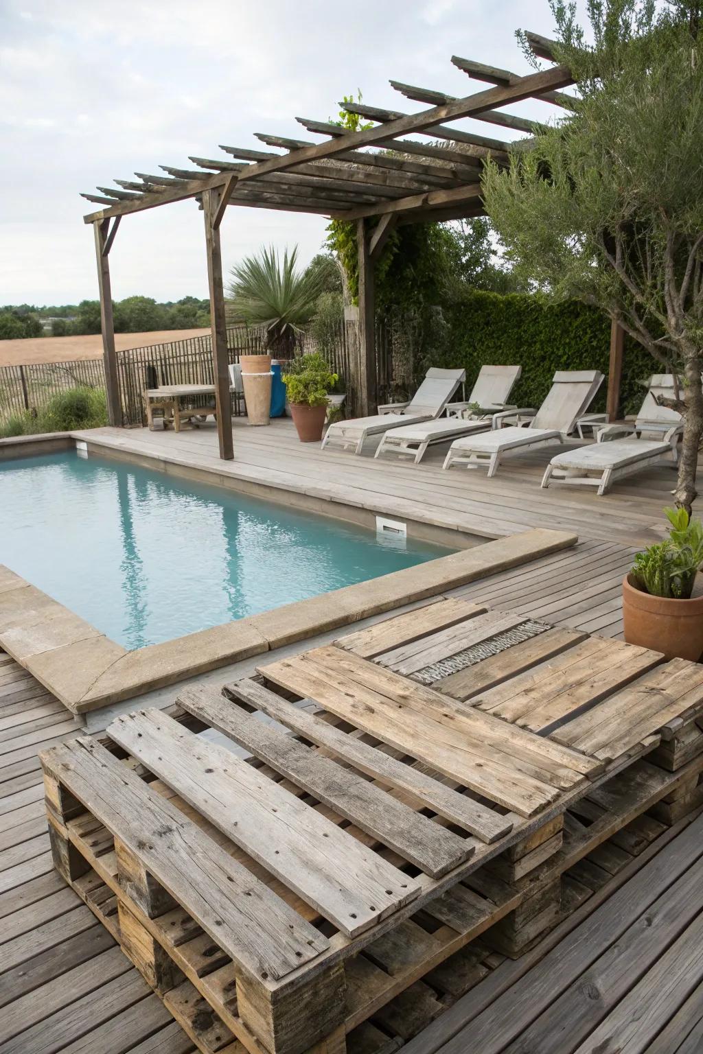 Repurposed wood imparts rustic charm to your pool area.