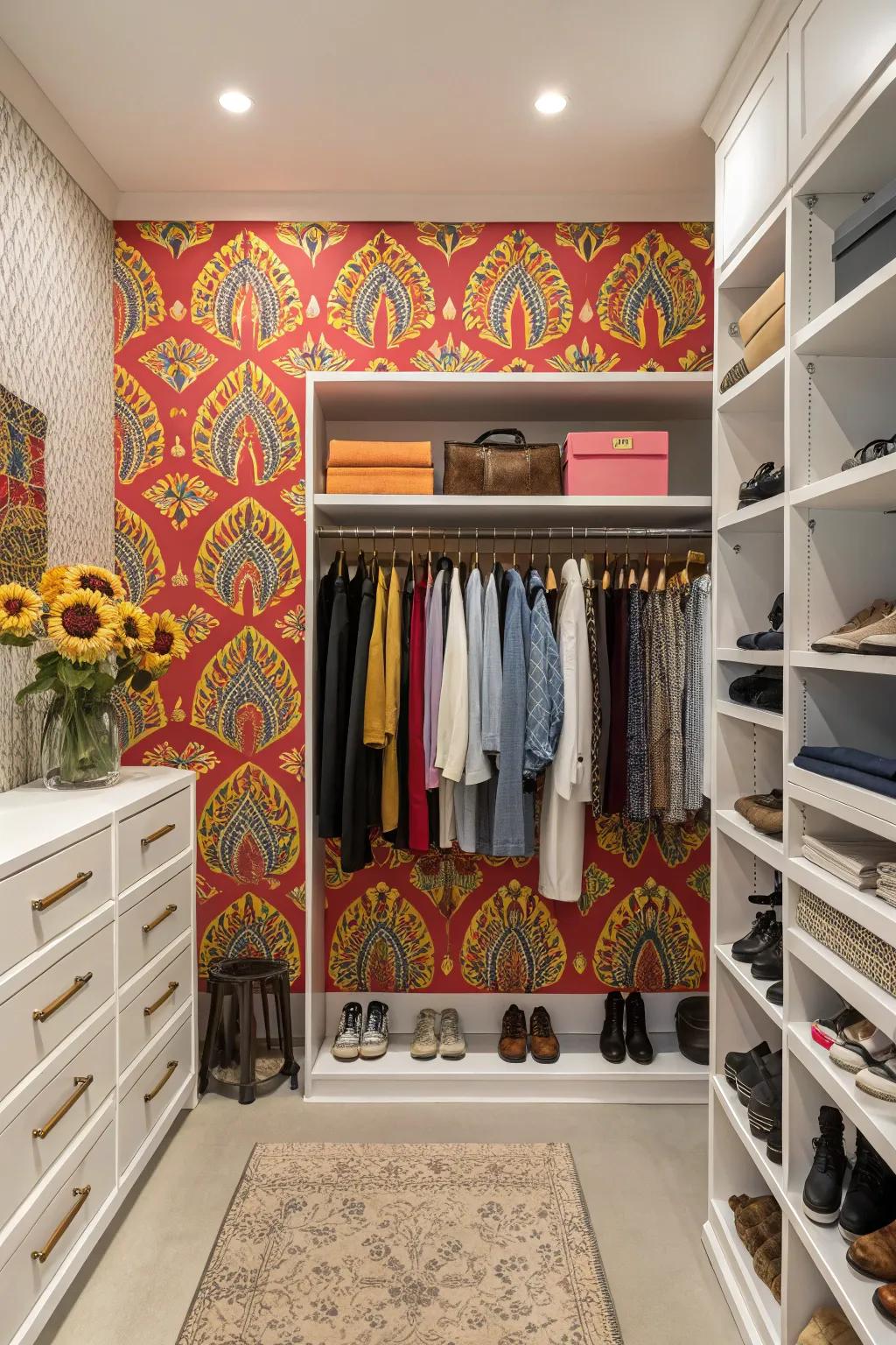 Fill your closet with character using decorative wallpaper.