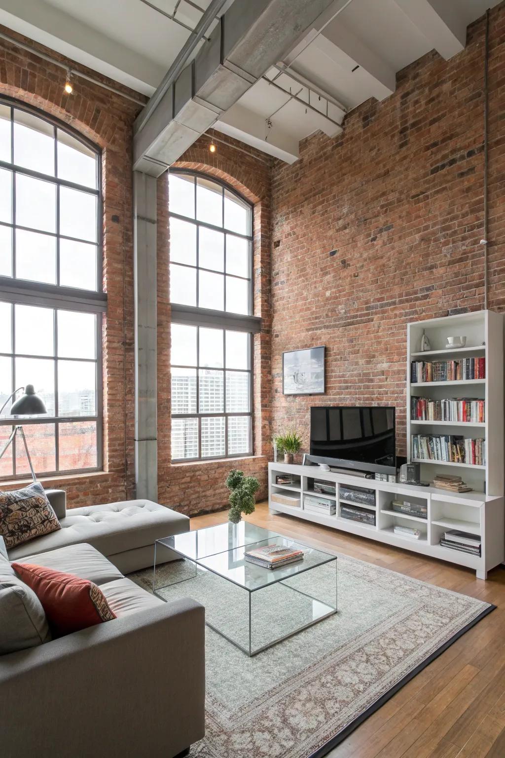 An urban loft-style open-plan living area with a brick wall, exuding spaciousness and style.