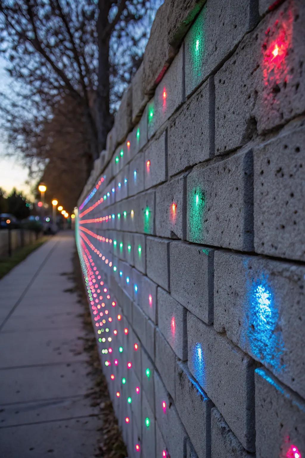LED lighting highlights the texture of a cinder block wall.