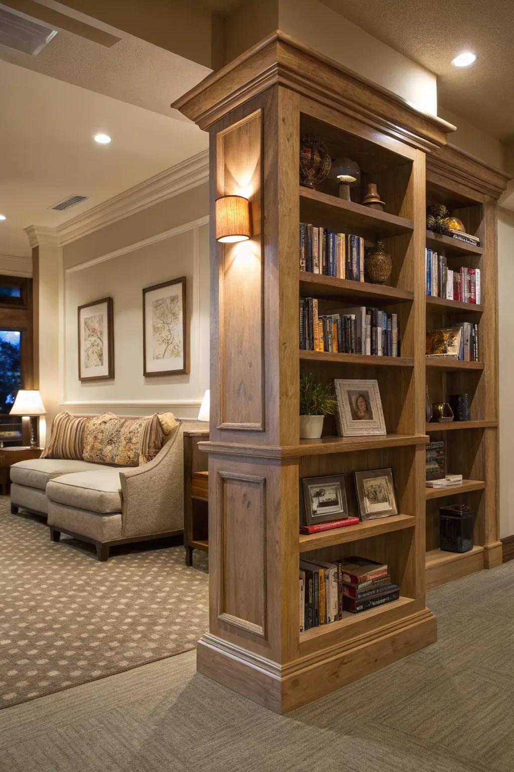 Shelves on columns enhance style and storage.