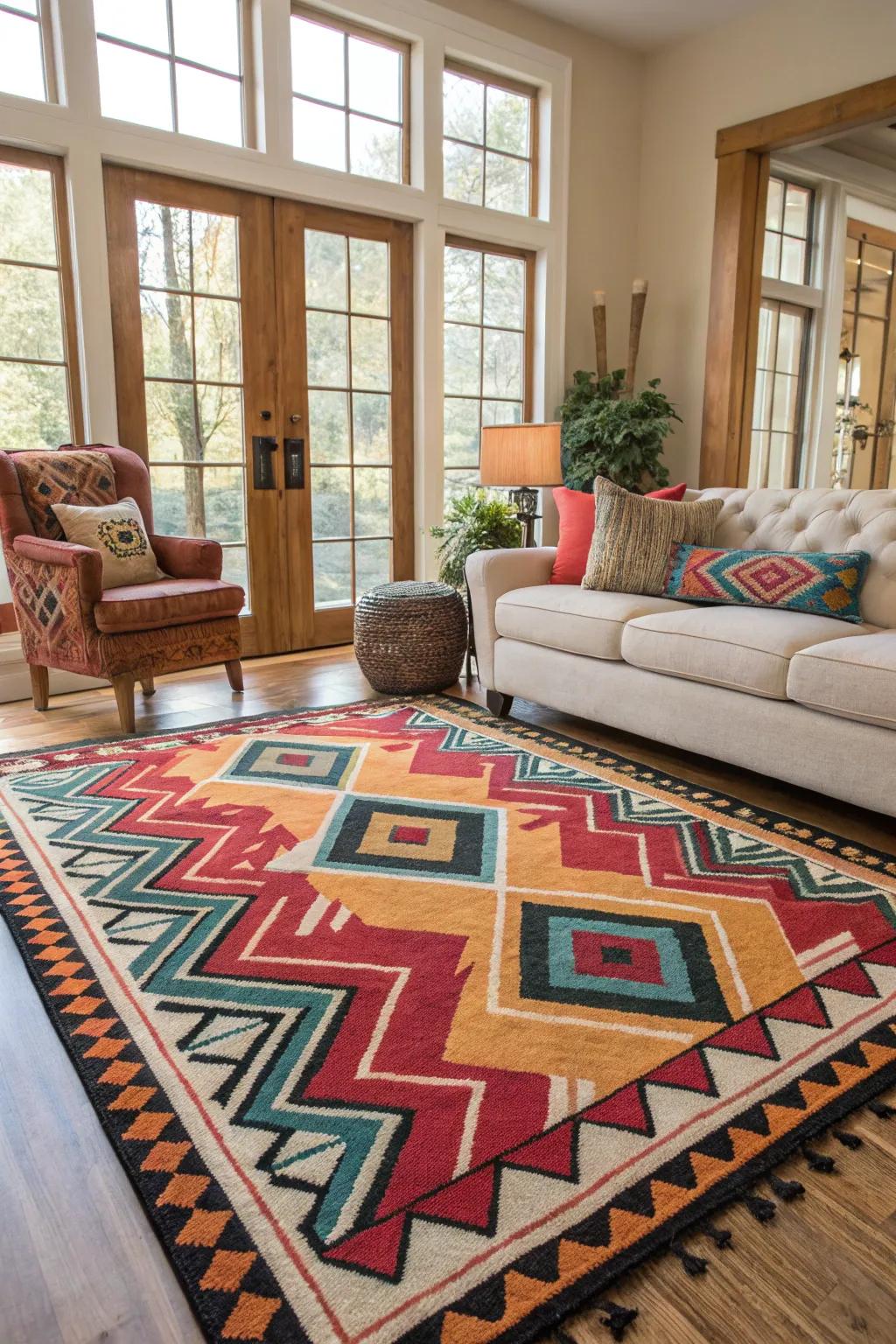 A statement rug anchors the living space with style.