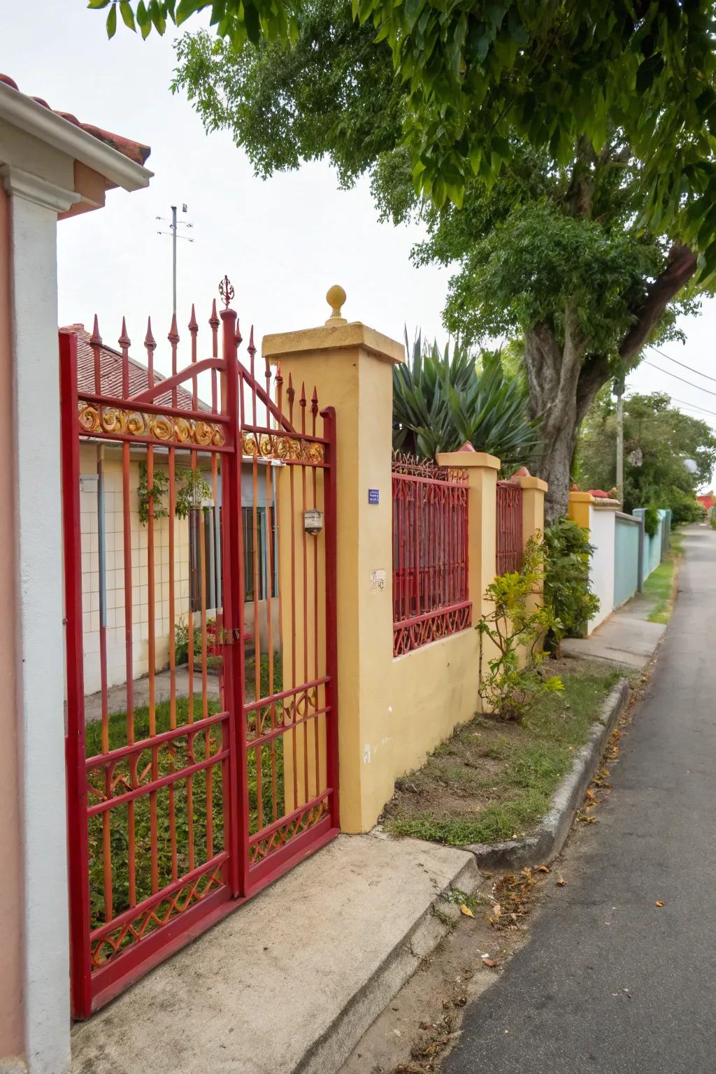 A vibrant, colorful iron gate that stands out beautifully.