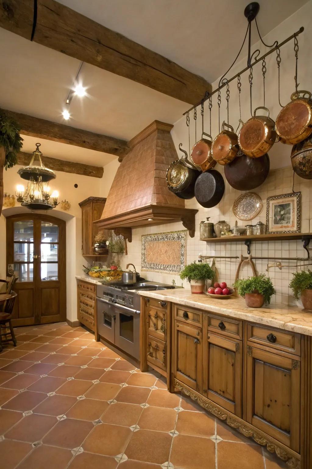 Working decor like hanging pots adds rustic charm.