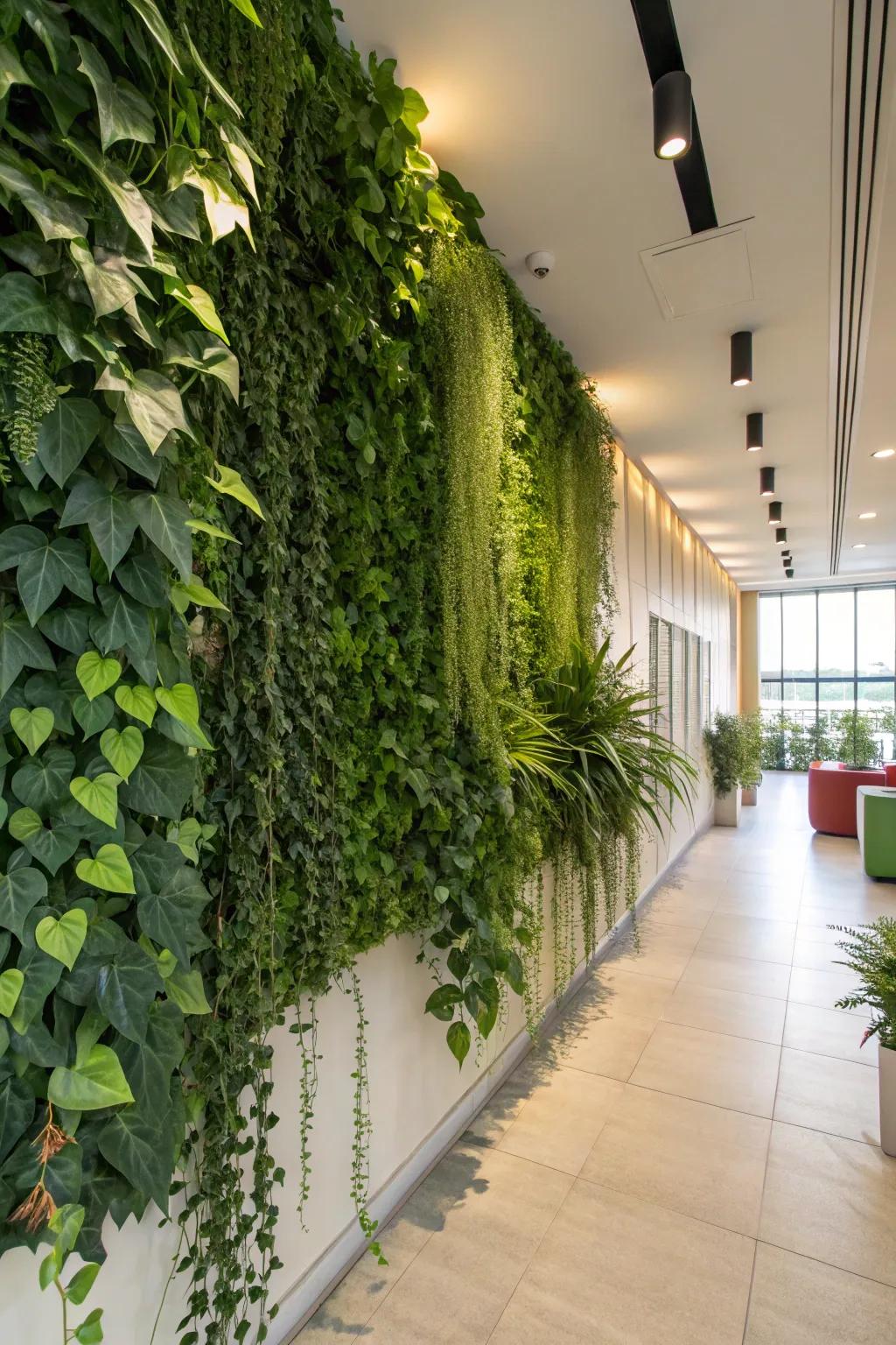 A vertical garden display with lush ivy and trailing plants, which provide a garden-like feel.