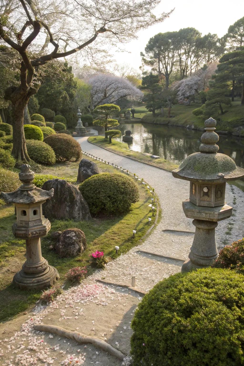 Stone figures and decorations are showcased within a Japanese garden.